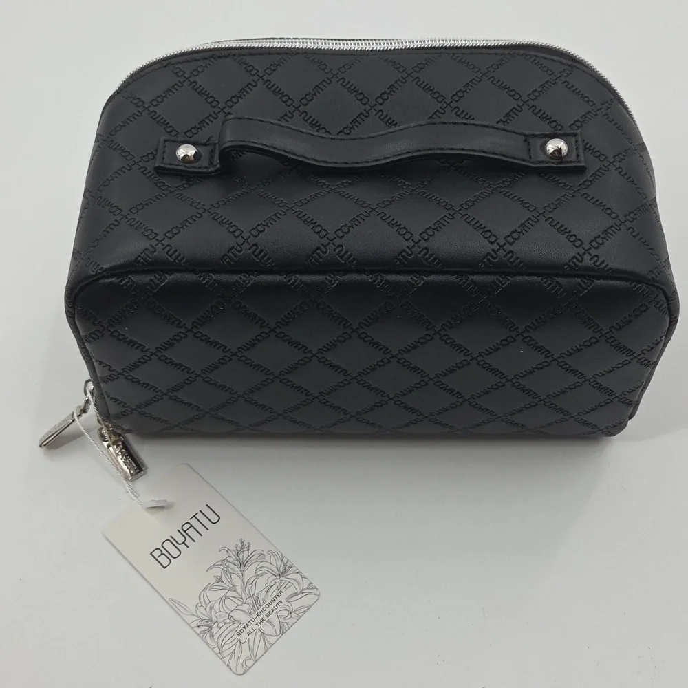 Black Checkered Toiletry Bag With Multiple Compartments